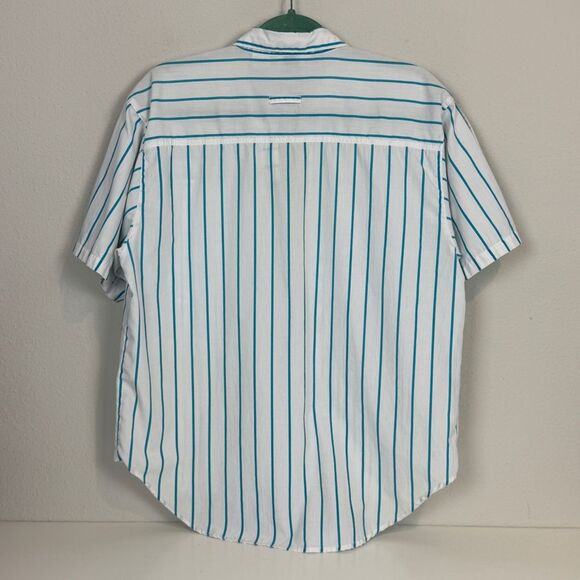 Vintage Here’s a Hug White Turquoise Striped Boxy Camp Shirt 80s M - Picture 4 of 7